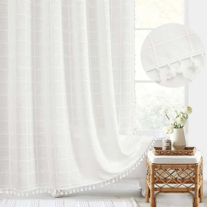 Kalsten | Bohemian linen shower curtain with tassels & waterproof design