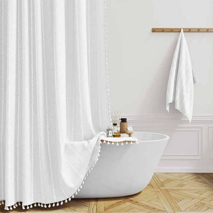 Kalsten | Bohemian linen shower curtain with tassels & waterproof design