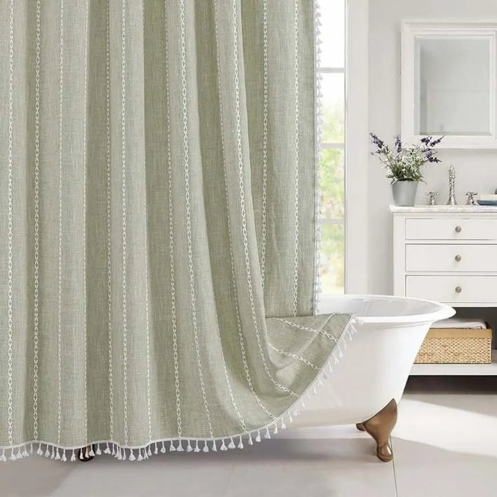 Kalsten | Bohemian linen shower curtain with tassels & waterproof design