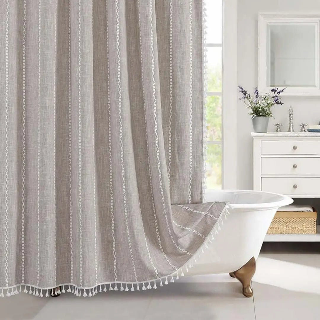 Kalsten | Bohemian linen shower curtain with tassels & waterproof design