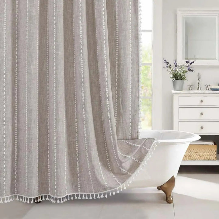 Kalsten | Bohemian linen shower curtain with tassels & waterproof design