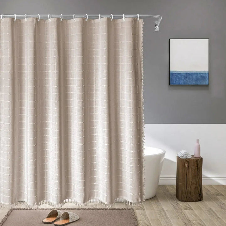 Kalsten | Bohemian linen shower curtain with tassels & waterproof design