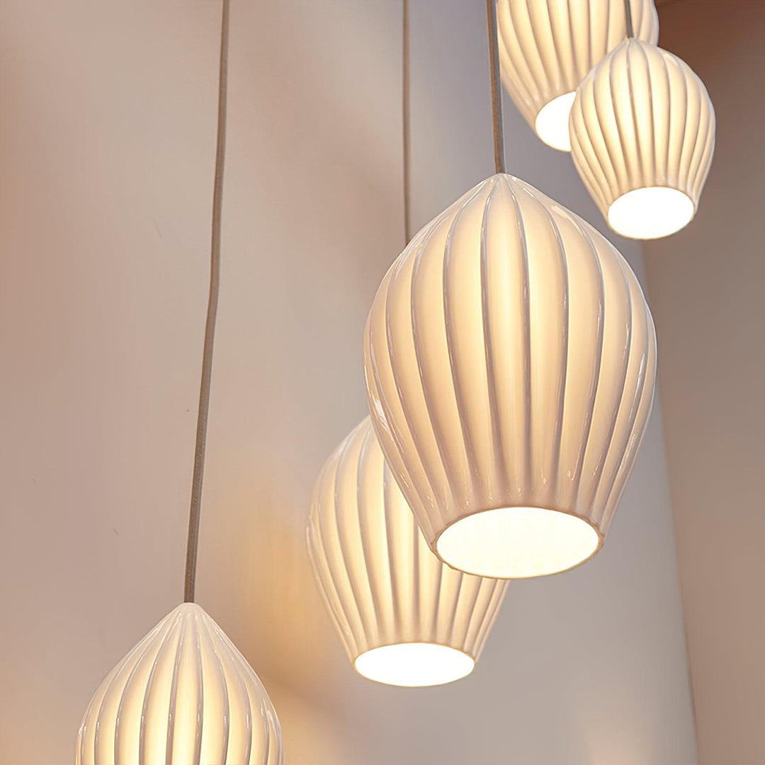 Pendant Light Ribbed Ceramic 5.1 in White Dining Room Hanging Ceiling Fixture E14 Modern Minimalist Kitchen Island Lighting | Kalsten