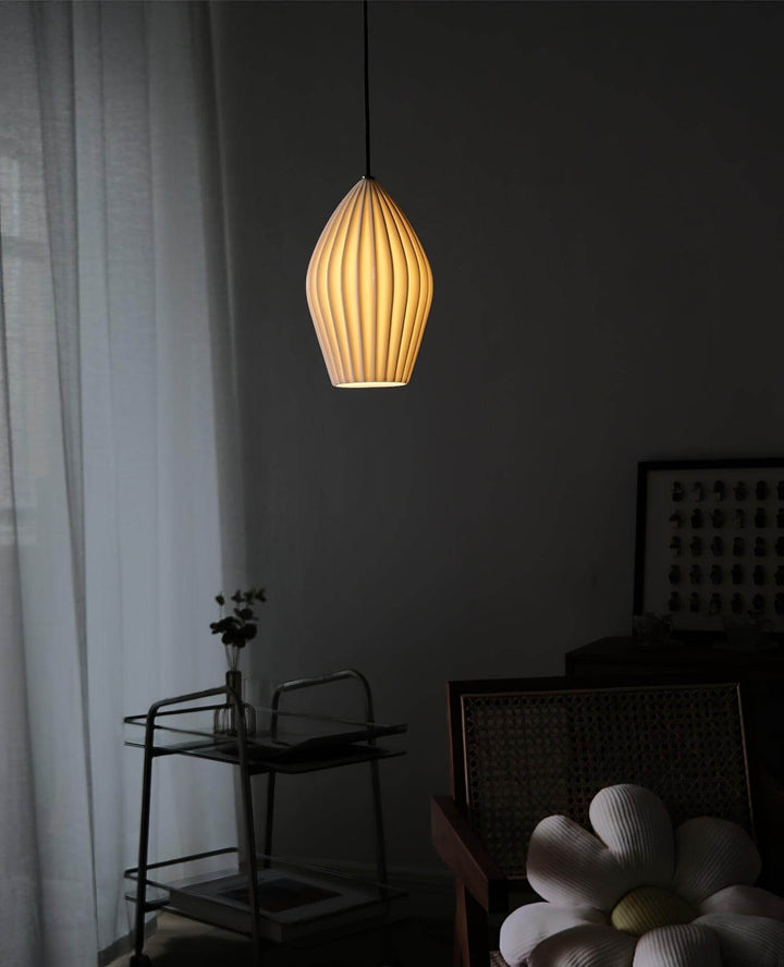 Pendant Light Ribbed Ceramic 5.1 in White Dining Room Hanging Ceiling Fixture E14 Modern Minimalist Kitchen Island Lighting | Kalsten