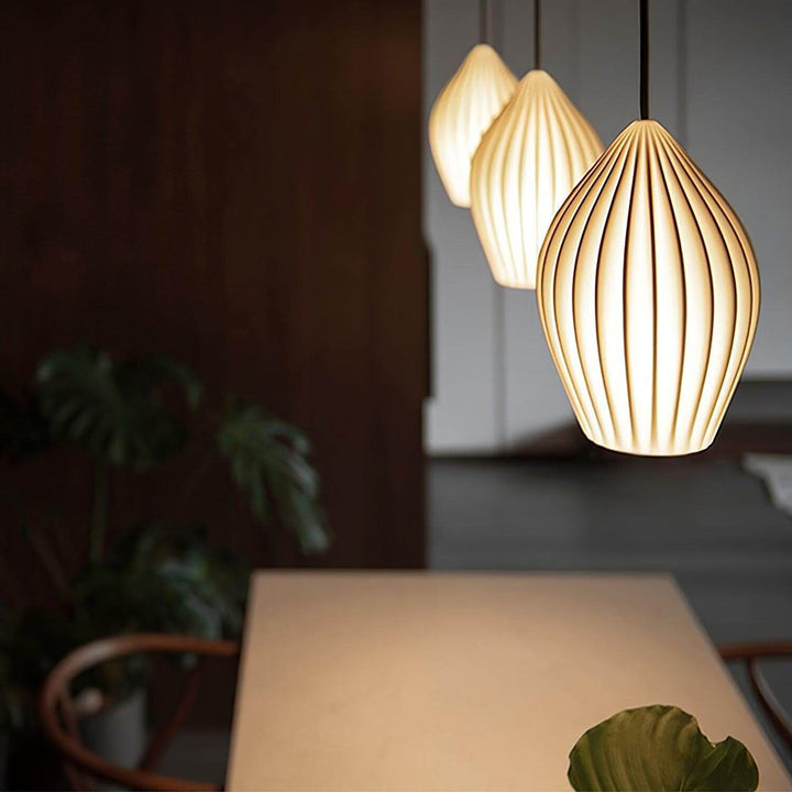 Pendant Light Ribbed Ceramic 5.1 in White Dining Room Hanging Ceiling Fixture E14 Modern Minimalist Kitchen Island Lighting | Kalsten