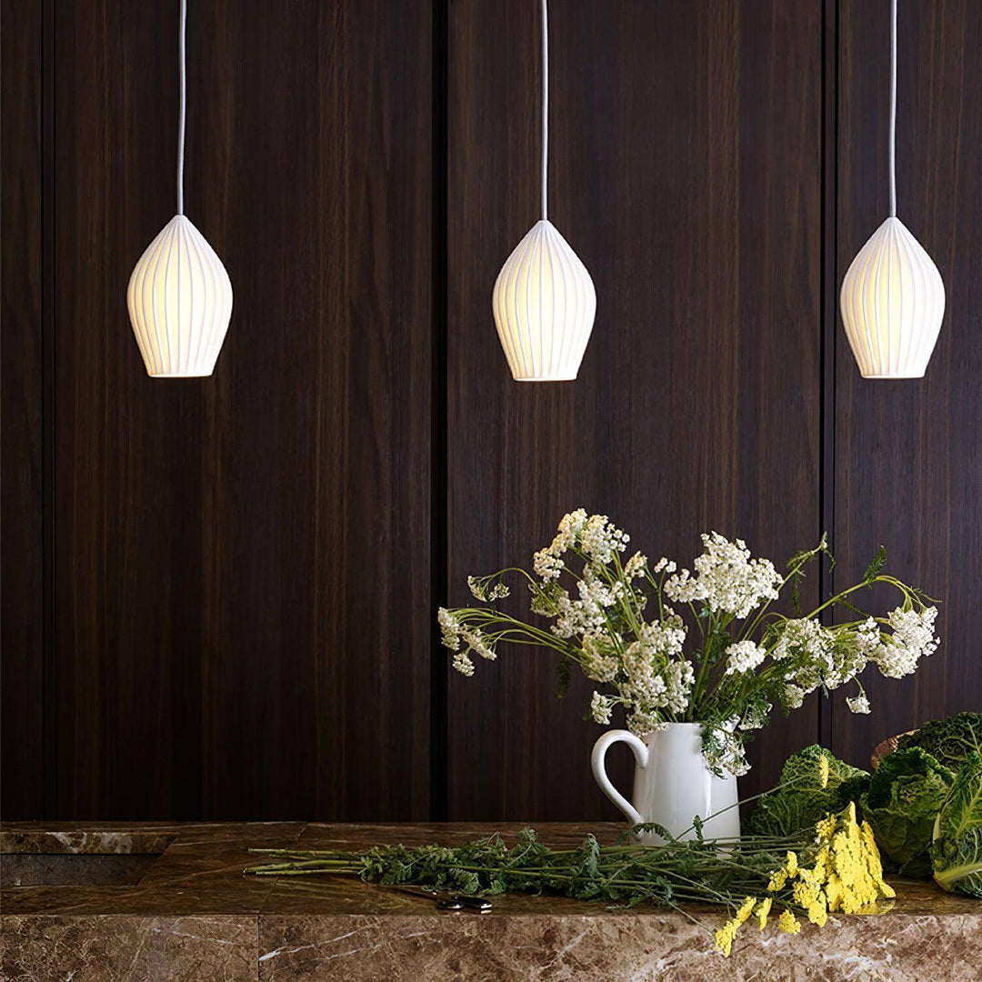 Pendant Light Ribbed Ceramic 5.1 in White Dining Room Hanging Ceiling Fixture E14 Modern Minimalist Kitchen Island Lighting | Kalsten