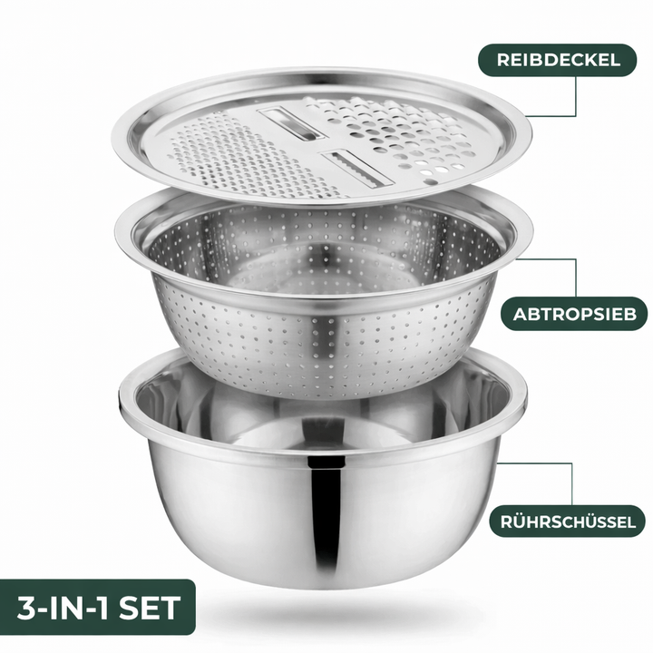 3-in-1 Mixing Bowl Set Stainless Steel with Grater and Sieve | Kalsten