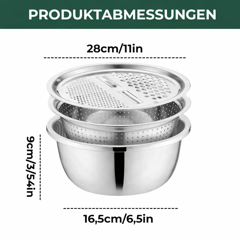 3-in-1 Mixing Bowl Set Stainless Steel with Grater and Sieve | Kalsten