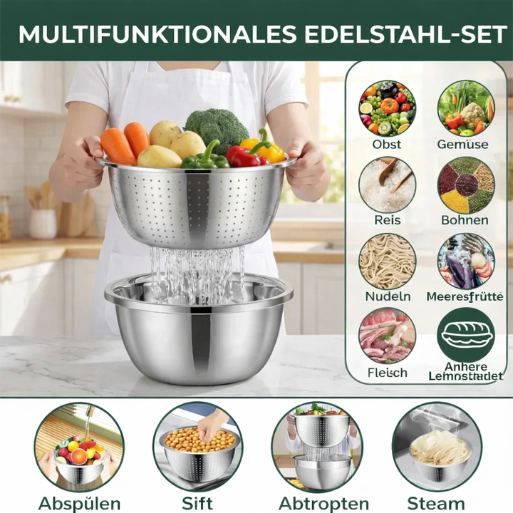 3-in-1 Mixing Bowl Set Stainless Steel with Grater and Sieve | Kalsten