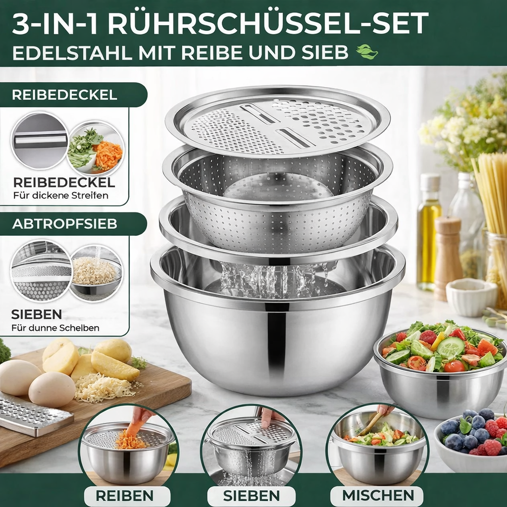3-in-1 Mixing Bowl Set Stainless Steel with Grater and Sieve | Kalsten