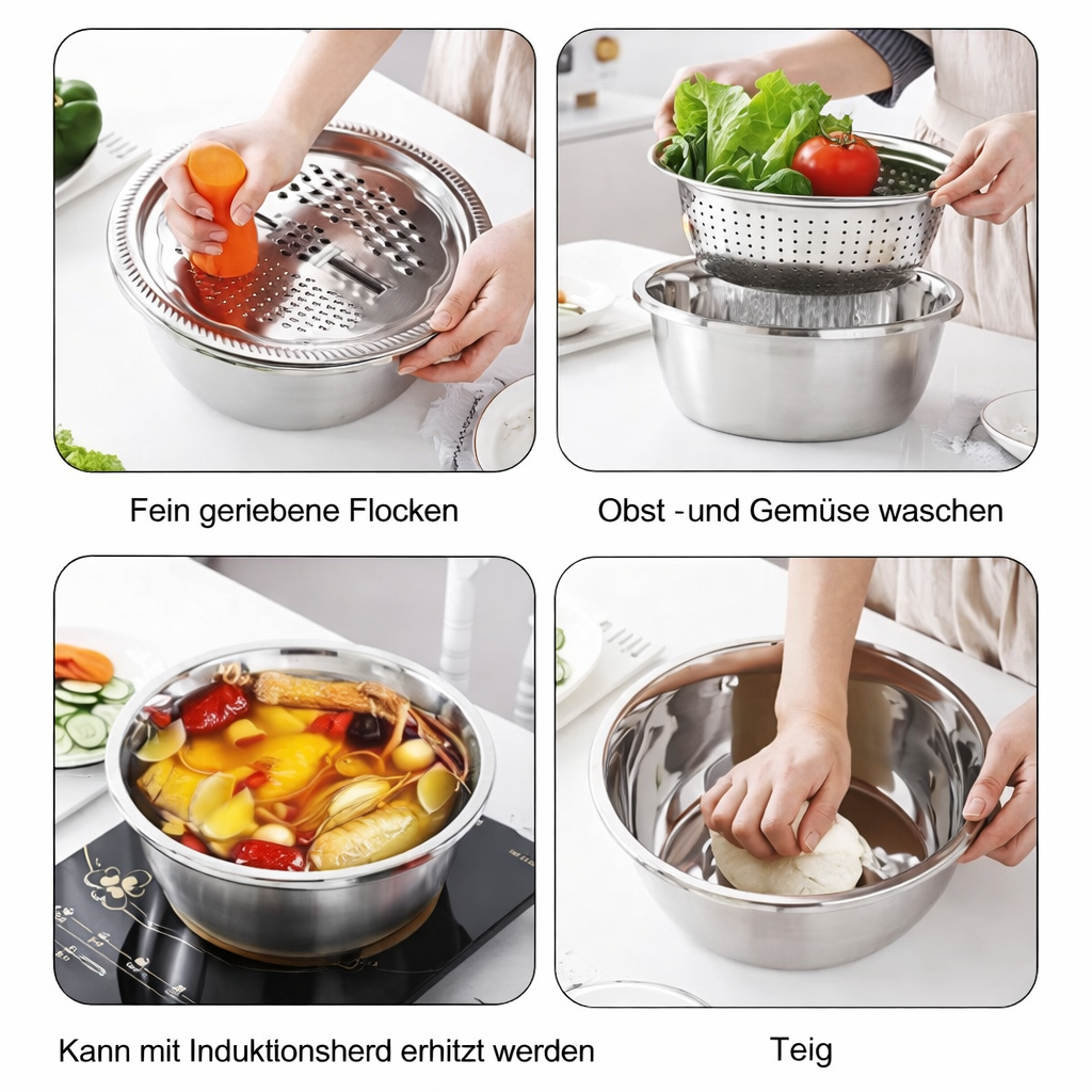 3-in-1 Mixing Bowl Set Stainless Steel with Grater and Sieve | Kalsten