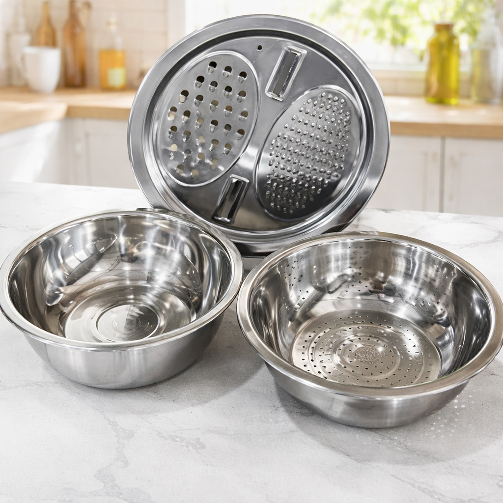 3-in-1 Mixing Bowl Set Stainless Steel with Grater and Sieve | Kalsten