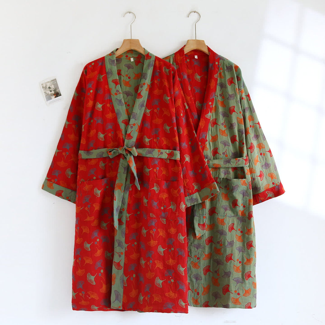 Cotton Bathrobe with Ginkgo Leaf Print, Soft and Breathable Robe