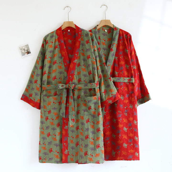 Cotton Bathrobe with Ginkgo Leaf Print, Soft and Breathable Robe