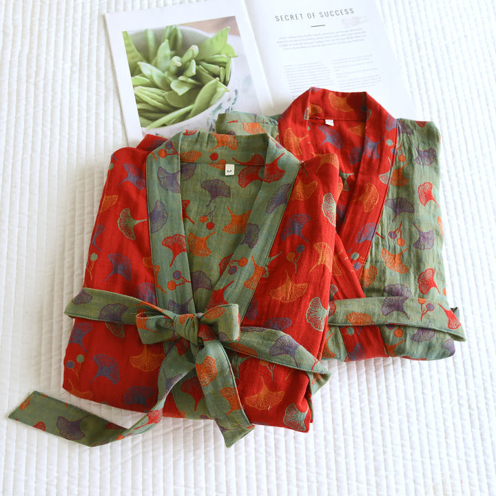 Cotton Bathrobe with Ginkgo Leaf Print, Soft and Breathable Robe