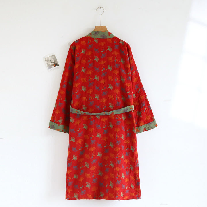 Cotton Bathrobe with Ginkgo Leaf Print, Soft and Breathable Robe