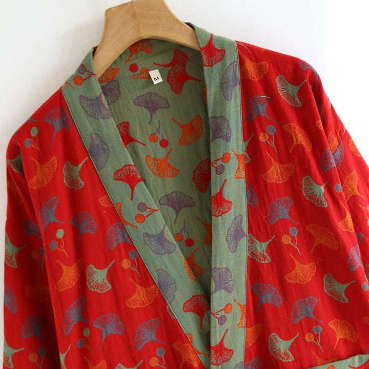 Cotton Bathrobe with Ginkgo Leaf Print, Soft and Breathable Robe