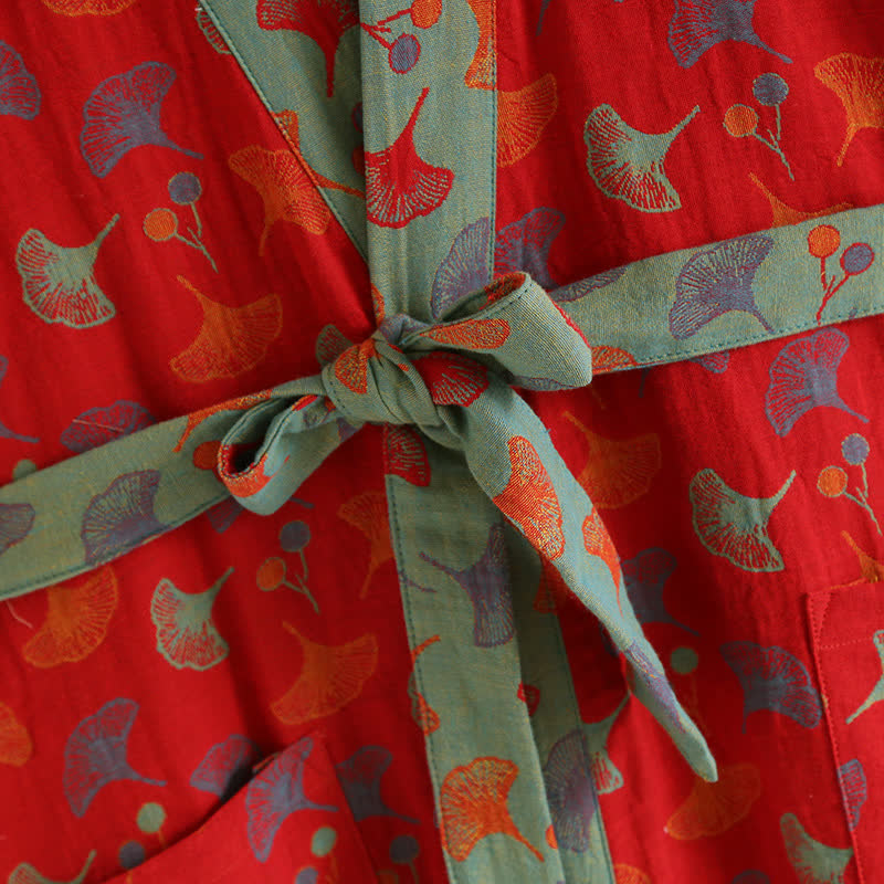 Cotton Bathrobe with Ginkgo Leaf Print, Soft and Breathable Robe