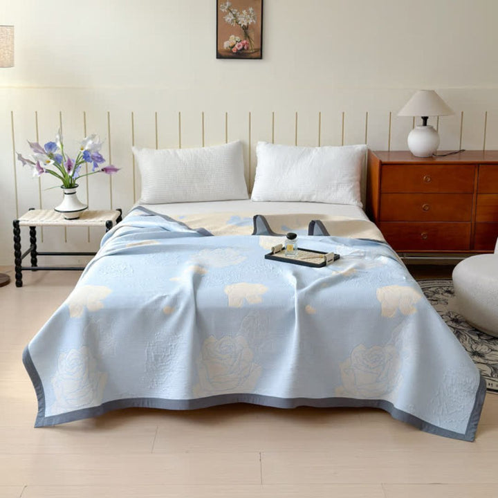 Cotton Blanket with Reversible Blue Floral Design for Home Decor