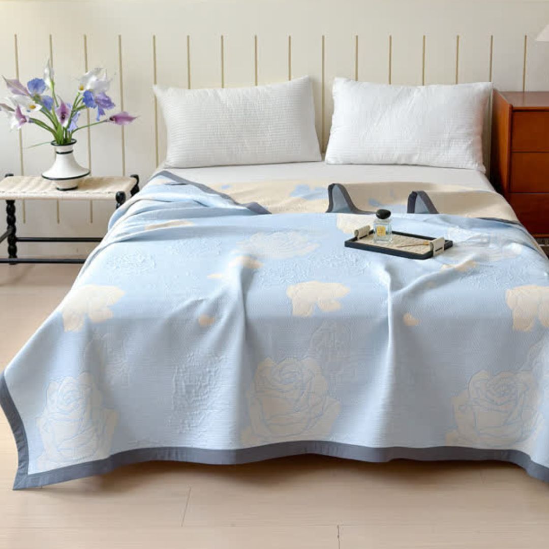 Cotton Blanket with Reversible Blue Floral Design for Home Decor