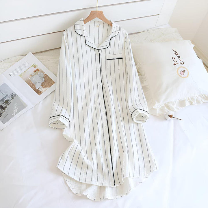 Cotton Long Sleeve Nightdress for Women – Slimming Striped Design