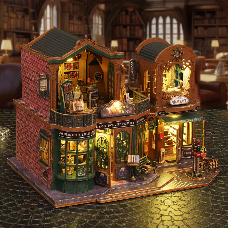 Kalsten | DIY Houten Poppenhuis met Boekhandel – Creatieve Miniatuurset met Meubels en Accessoires
