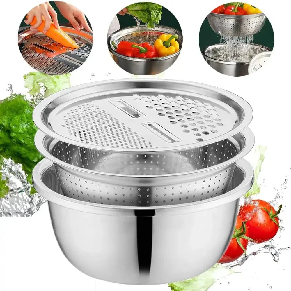 3-in-1 Mixing Bowl Set Stainless Steel with Grater and Sieve | Kalsten