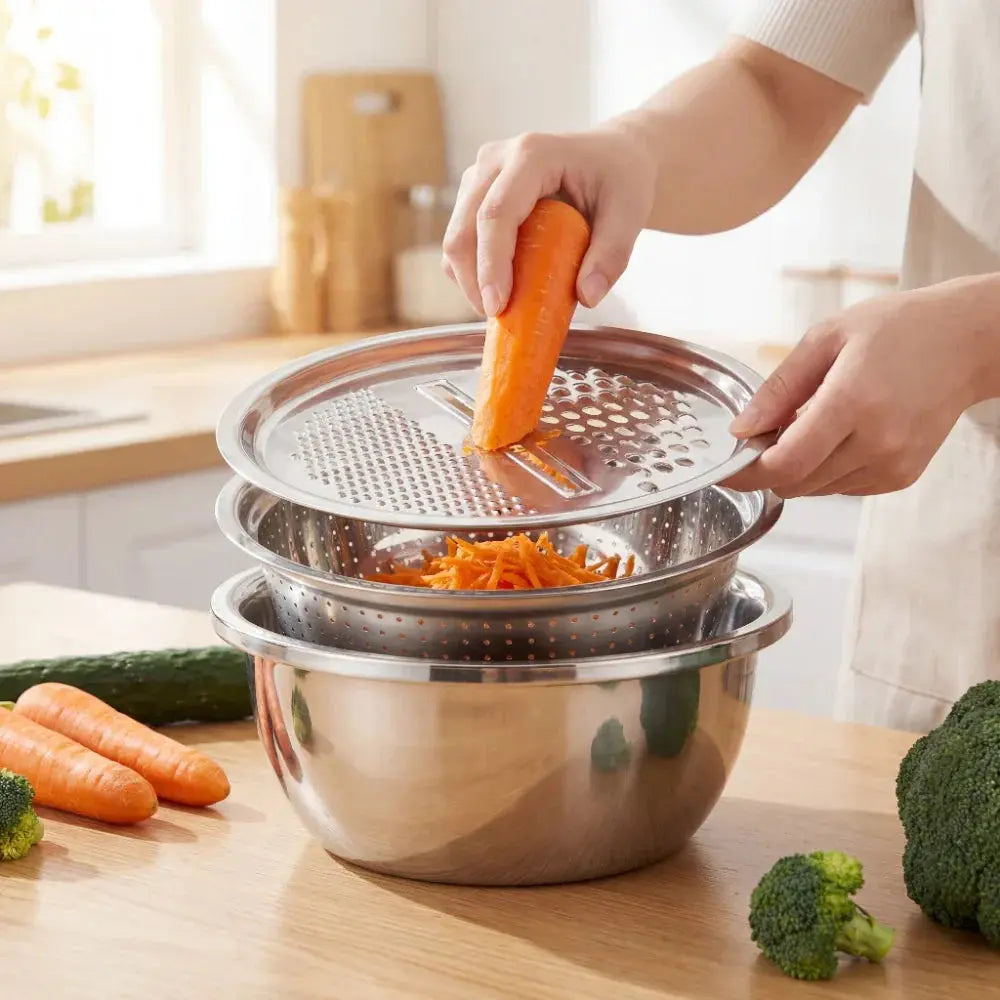 3-in-1 Mixing Bowl Set Stainless Steel with Grater and Sieve | Kalsten