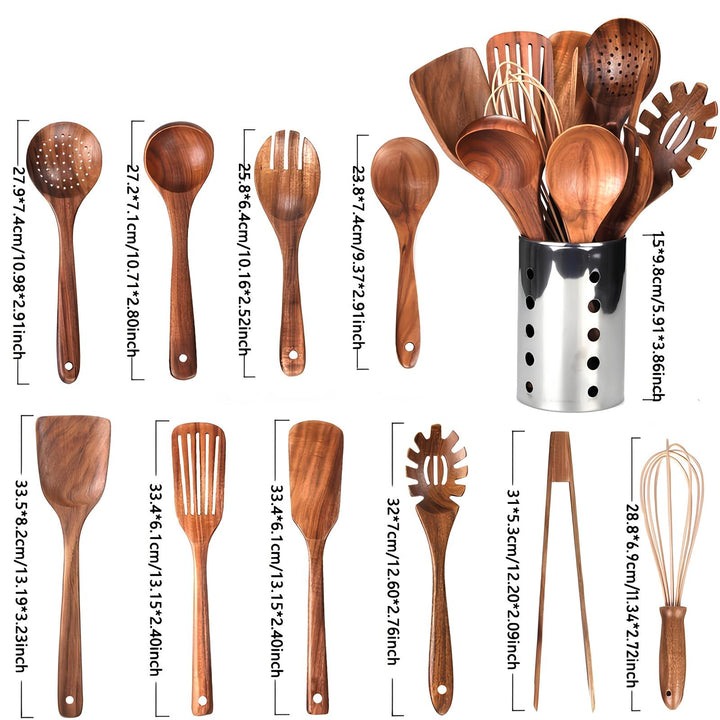11-Piece Teak Wood Kitchen Utensil Set with Holder