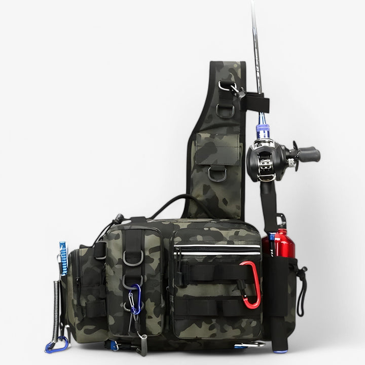 Fishing Tackle Backpack with Rod Holder – Dual-Layer 600D Nylon Bag
