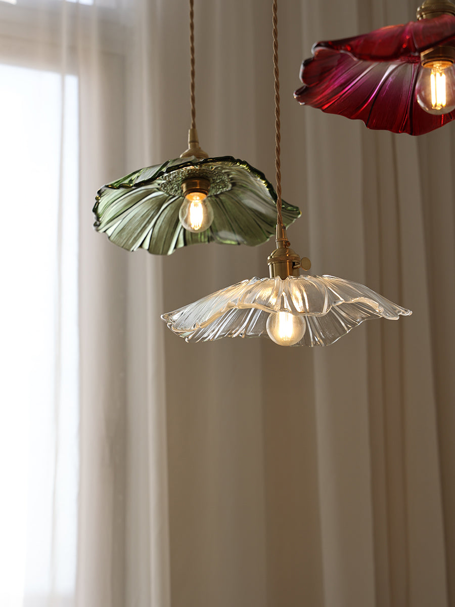 Pendant Light Glass Flower Shade 11 in x 5.1 in Pink Clear Green Dining Room Kitchen Island Hanging Ceiling Lamp | Kalsten