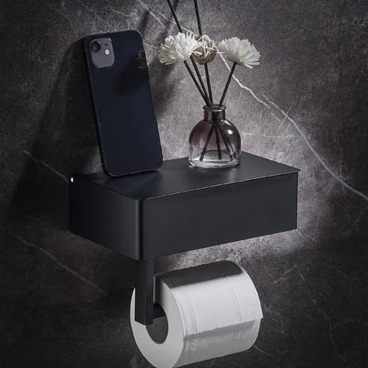 Wall-Mounted Toilet Paper Holder with Storage Shelf – No-Drill Installation