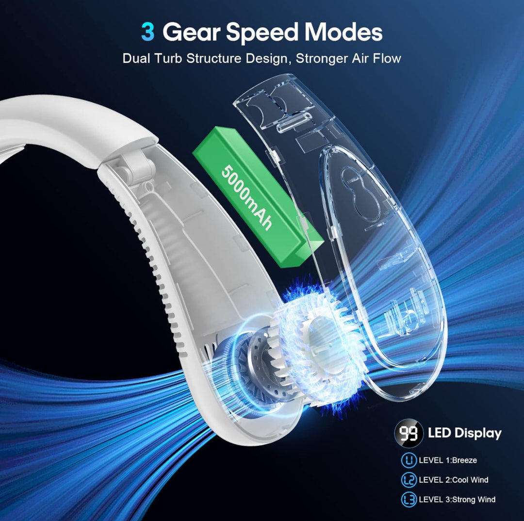 Portable Neck Fan, Hands Free Bladeless Fan, Foldable Wearable Small Personal Fan with 360° Cooling Wind, 3 Speeds Adjustment, Quiet, 4000mAh USB-Rechargeable Battery, No Hair Twisting | Kalsten