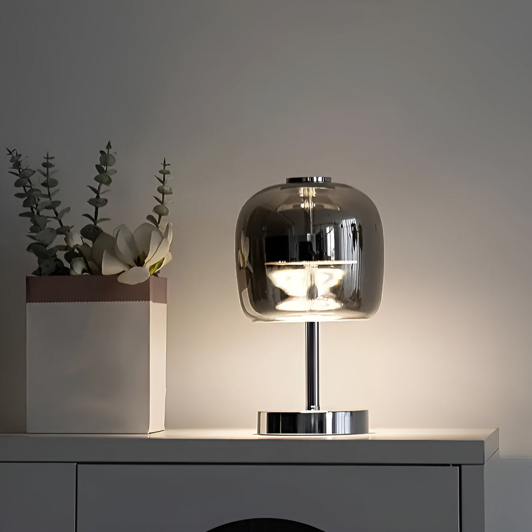Gleam Glass Table Lamp – Smoky Grey USB-Powered Dimmable LED Light for Bedroom & Desk | Kalsten