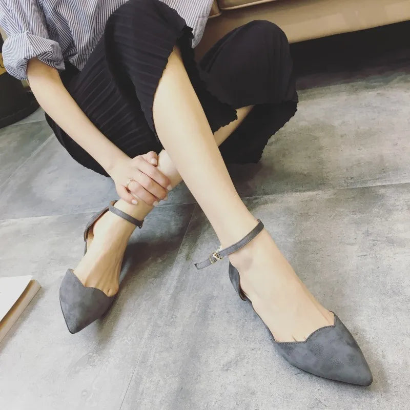 Kalsten | Women's Buckle Straps Low Heels Pumps Pointed Toe Flock D'Orsay Heels Shoes Single Shoe Blue