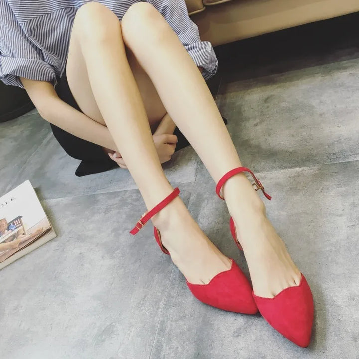 Kalsten | Women's Buckle Straps Low Heels Pumps Pointed Toe Flock D'Orsay Heels Shoes Single Shoe Blue