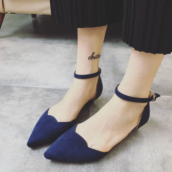 Kalsten | Women's Buckle Straps Low Heels Pumps Pointed Toe Flock D'Orsay Heels Shoes Single Shoe Blue