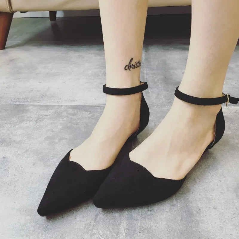 Kalsten | Women's Buckle Straps Low Heels Pumps Pointed Toe Flock D'Orsay Heels Shoes Single Shoe Blue