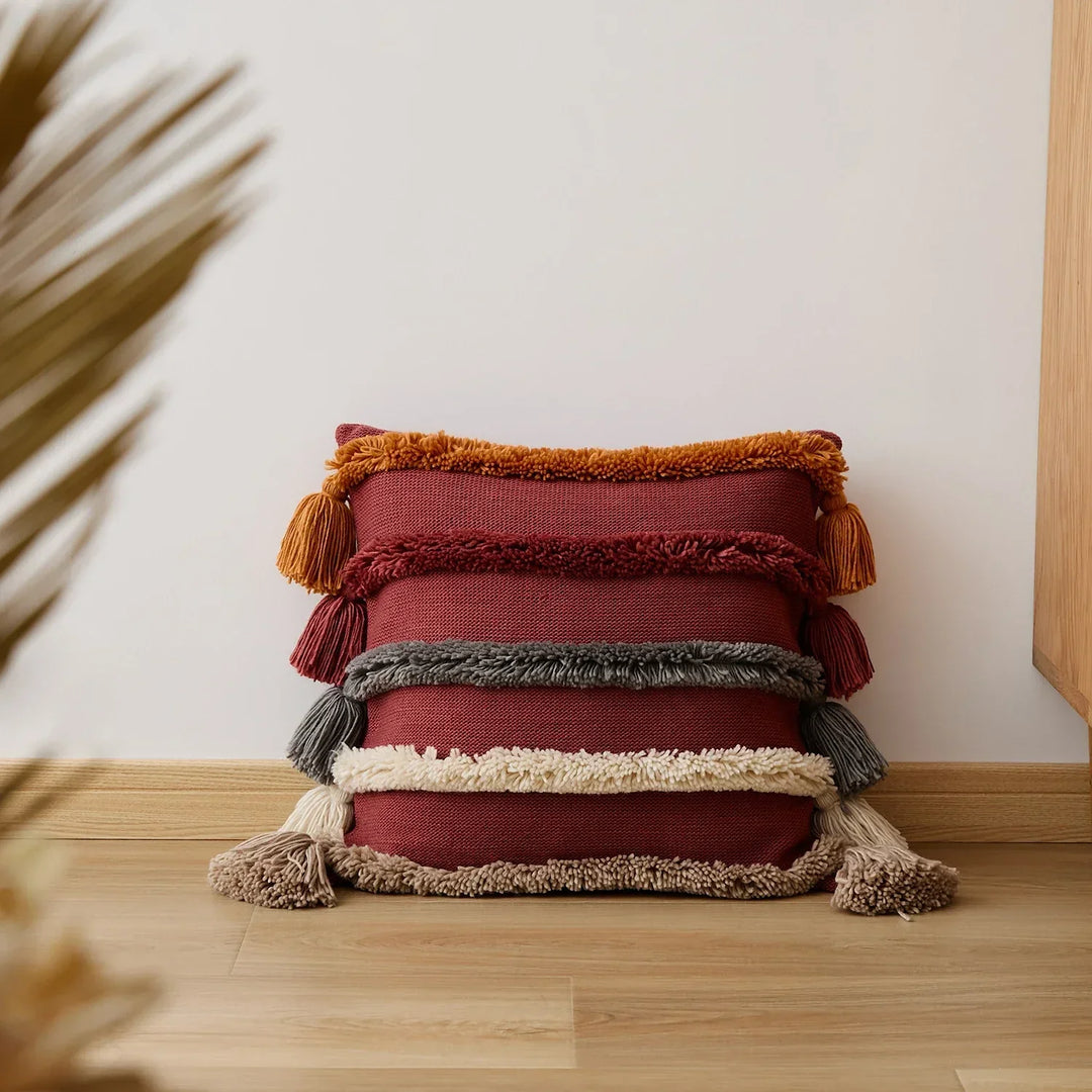 Bohemian Velour Cushion Cover - Woven Cushion Cover with Colorful Stripes and Fringes Kalsten