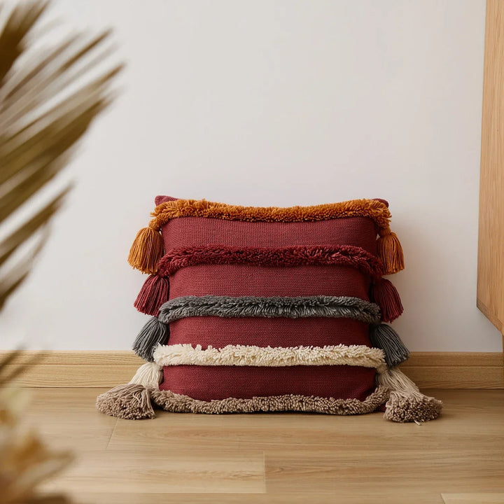 Bohemian Velour Cushion Cover - Woven Cushion Cover with Colorful Stripes and Fringes Kalsten