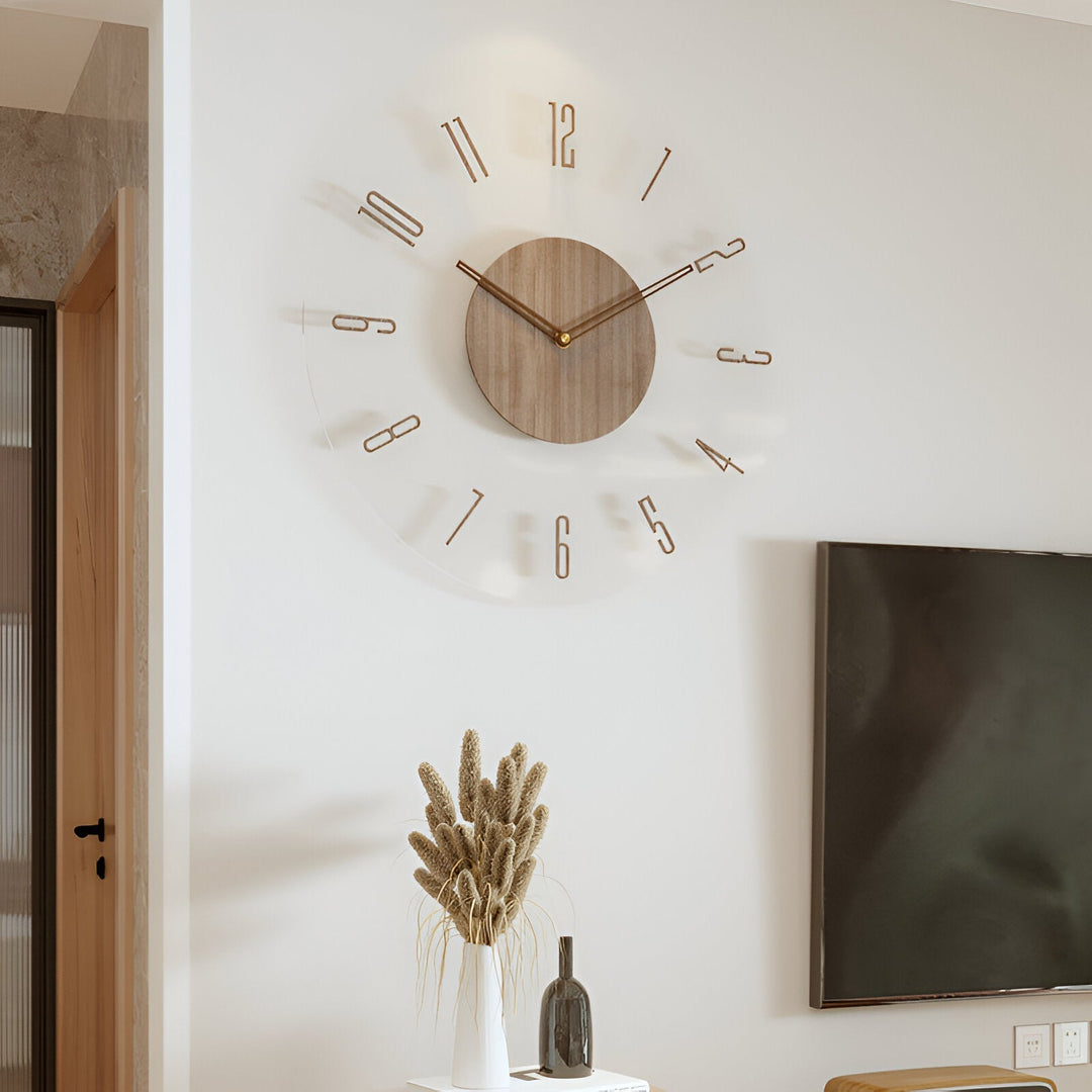 Kalsten | ClearWood Transparent Wall Clock – Silent Quartz with Wooden Details