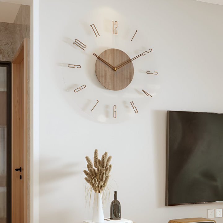 Kalsten | ClearWood Transparent Wall Clock – Silent Quartz with Wooden Details