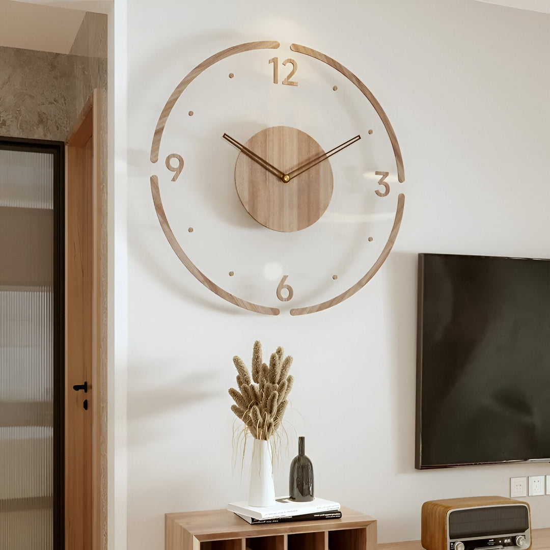 Kalsten | ClearWood Transparent Wall Clock – Silent Quartz with Wooden Details