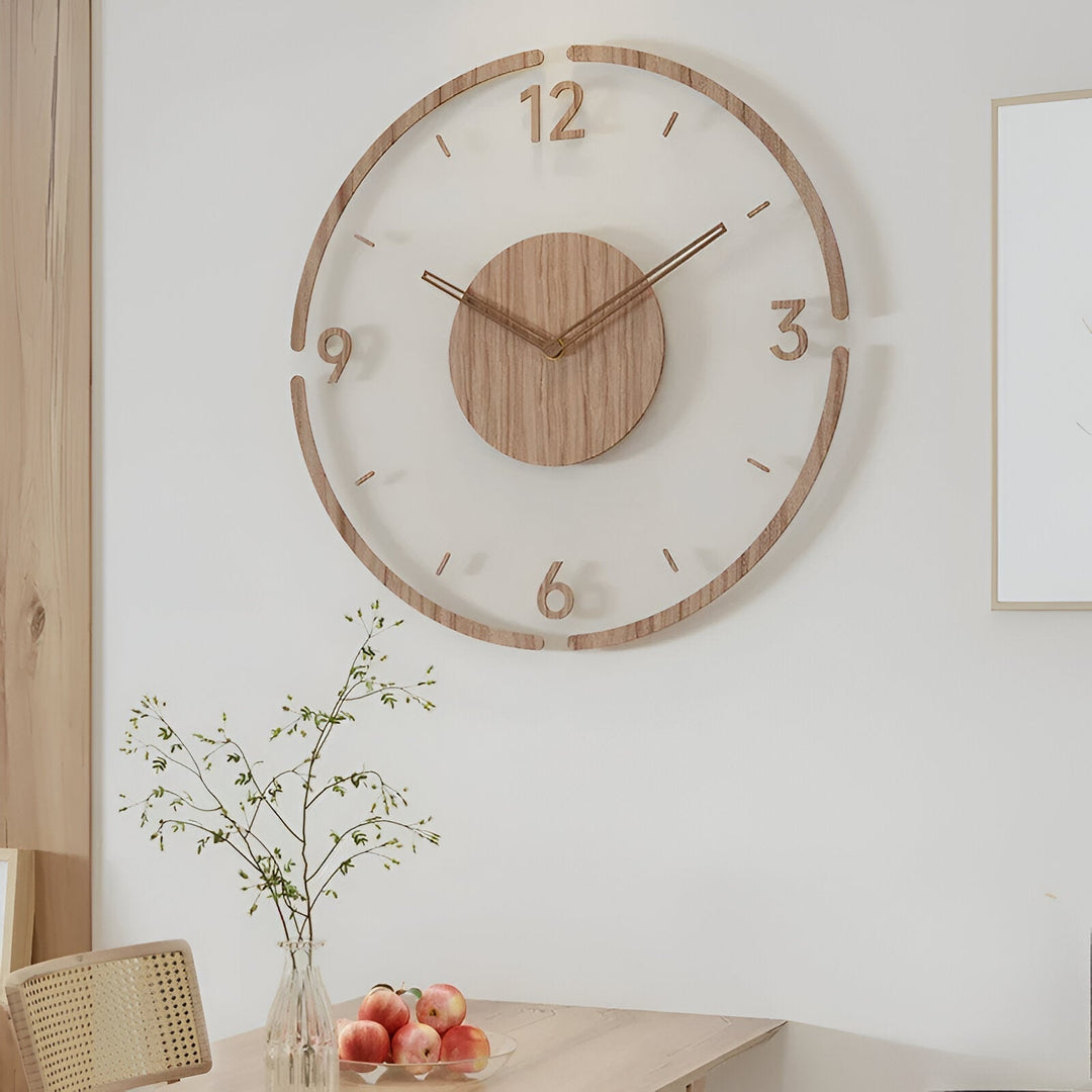 Kalsten | ClearWood Transparent Wall Clock – Silent Quartz with Wooden Details