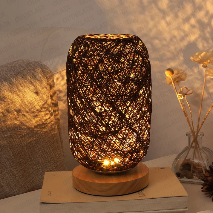 HolzLuma LED Table Lamp | Handmade from Wood & Rope | Warm White Light | For Bedroom & Living Room | Noxord
