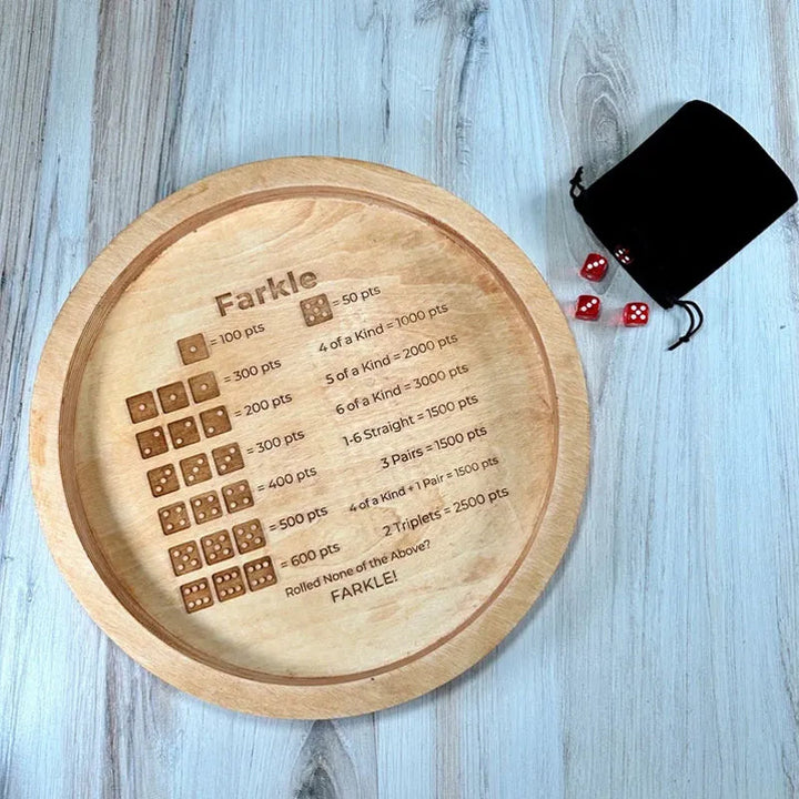 Kalsten | EcoToys FarkleWood | Wooden Farkle Dice Game Tray with Engraved Score Table - 6 Dice for Cozy Game Nights