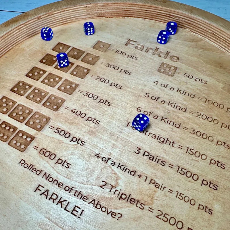 Kalsten | EcoToys FarkleWood | Wooden Farkle Dice Game Tray with Engraved Score Table - 6 Dice for Cozy Game Nights