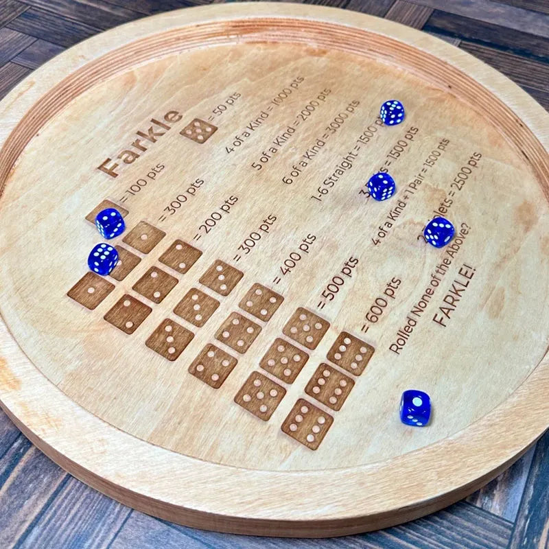 Kalsten | EcoToys FarkleWood | Wooden Farkle Dice Game Tray with Engraved Score Table - 6 Dice for Cozy Game Nights