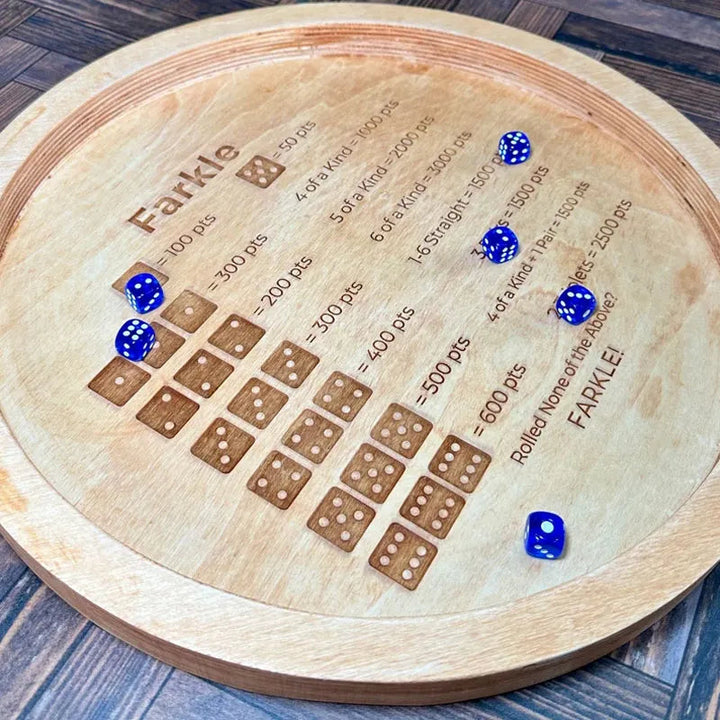 Kalsten | EcoToys FarkleWood | Wooden Farkle Dice Game Tray with Engraved Score Table - 6 Dice for Cozy Game Nights