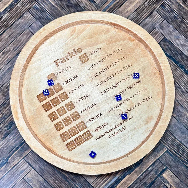 Kalsten | EcoToys FarkleWood | Wooden Farkle Dice Game Tray with Engraved Score Table - 6 Dice for Cozy Game Nights